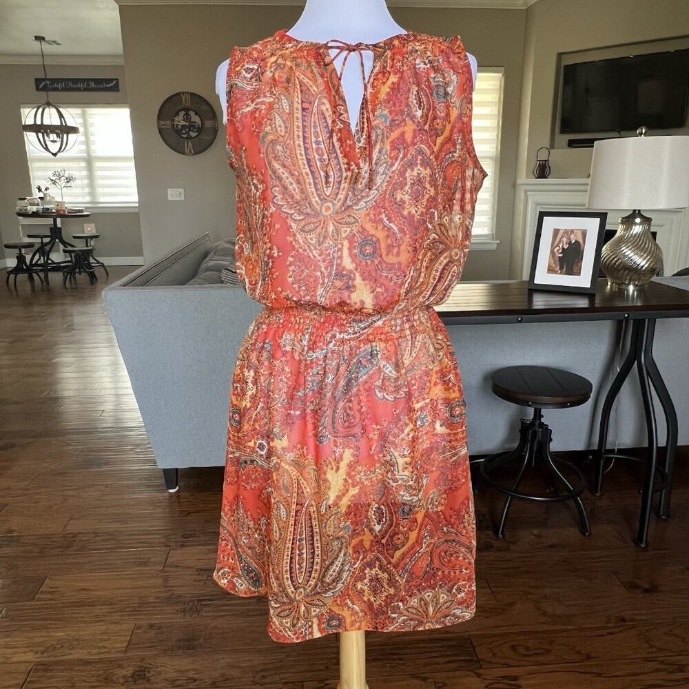 Lauren Ralph Lauren Sheer Dress Size 8 Paisley Orange Split Neck Smocked Waist M